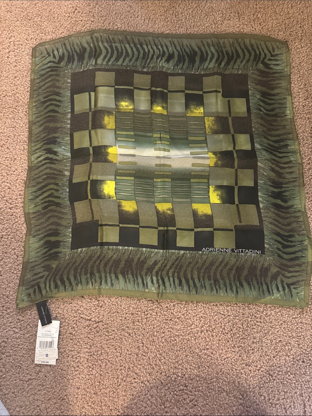Adrienne Vittadini Olive and Yellow Geometric Zebra-Print Scarf